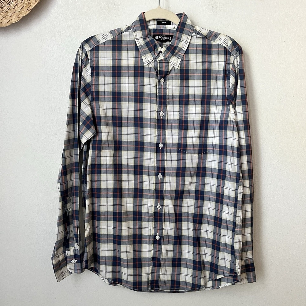 J Crew Mercantile Flex Slim white blue plaid long sleeve mens shirt S